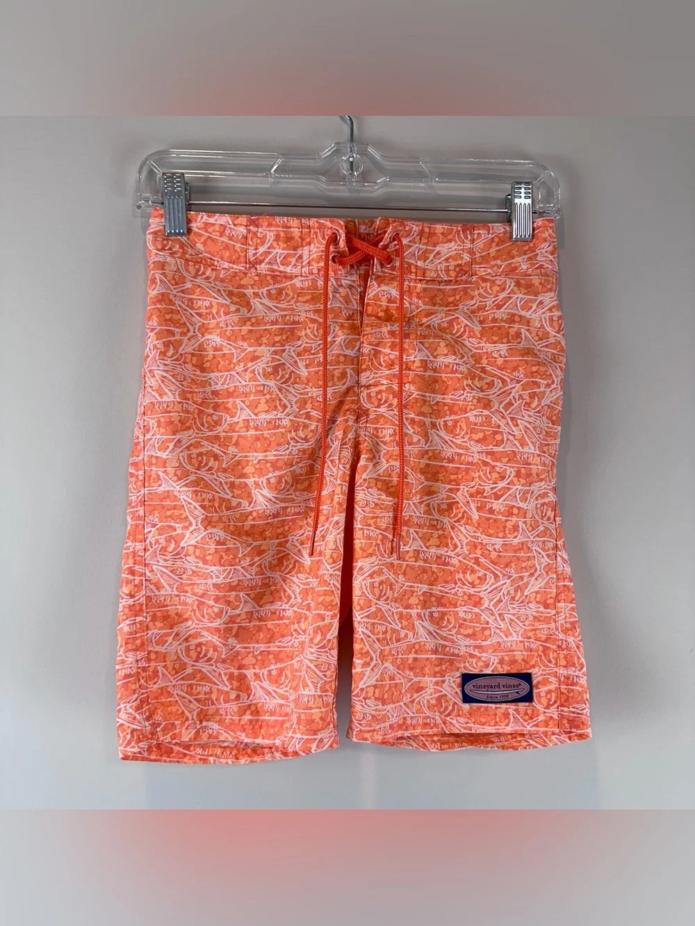 Vineyard Vines Boy’s Orange White Fish Print Tie Swim Beach Board Shorts Small
